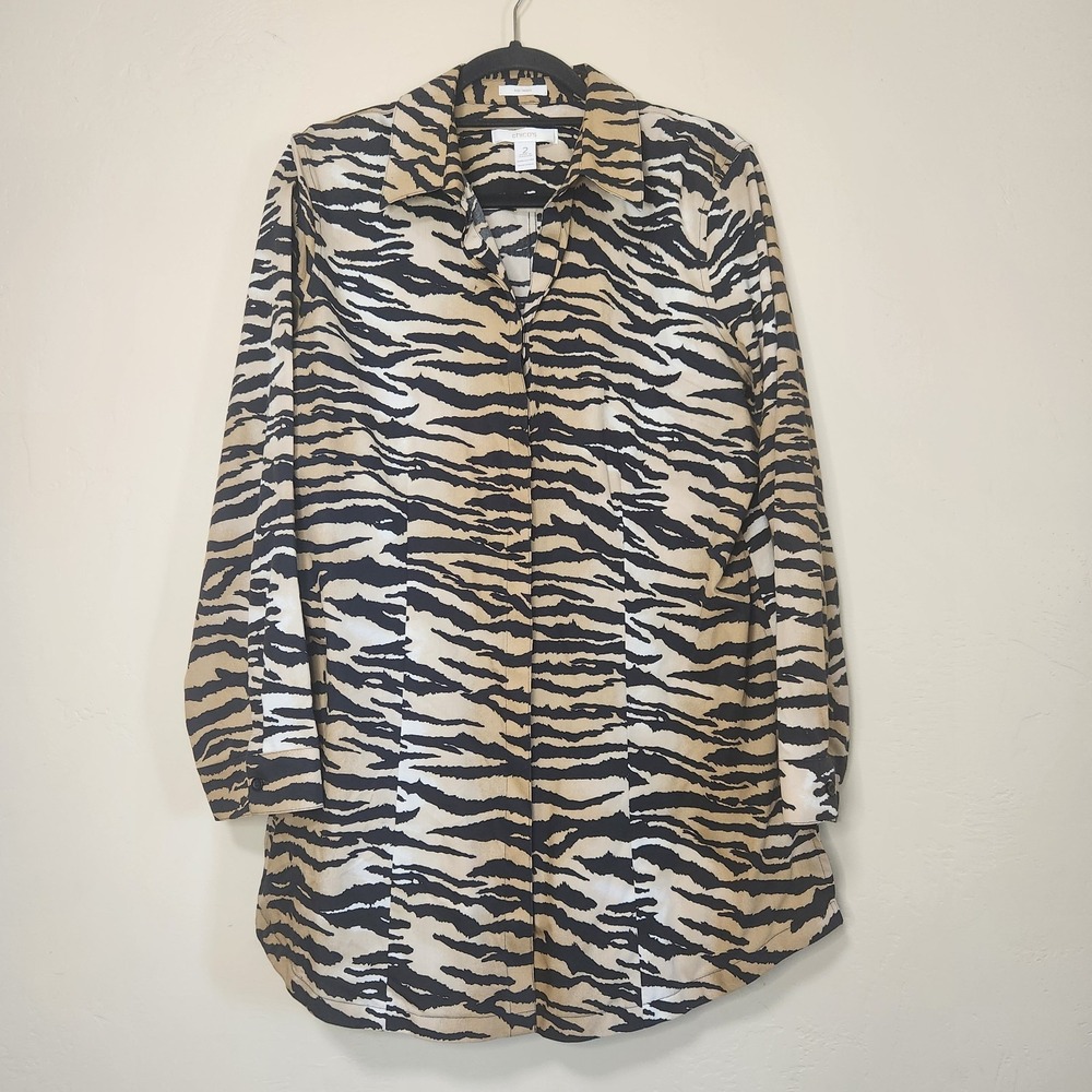 Chico's No Iron Brown Zebra Print Top Button Up Long Sleeve Size 2 Large
